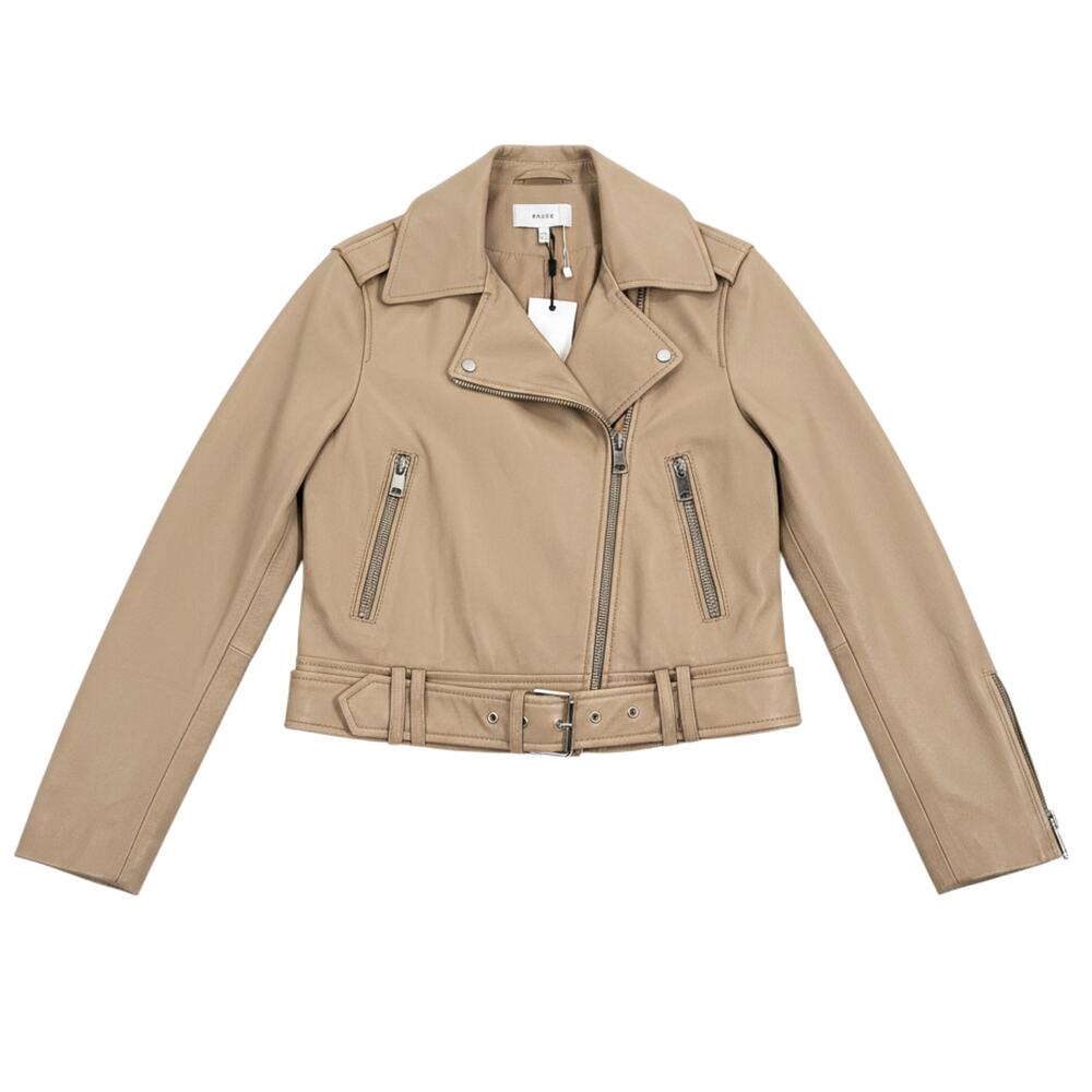 Reiss Belted Tan Moto Jacket Size 8